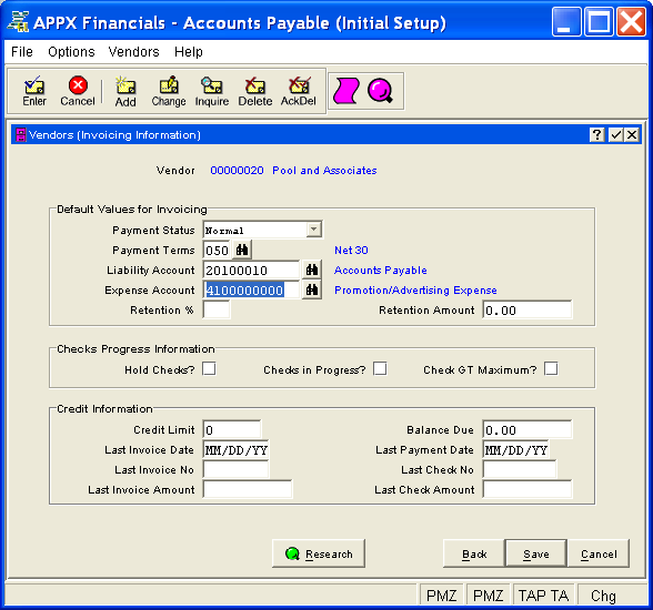 Figure 4-6a. Vendors (Invoicing Information) Screen
