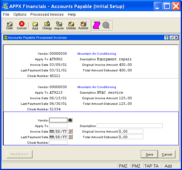 Processed Invoices Screen