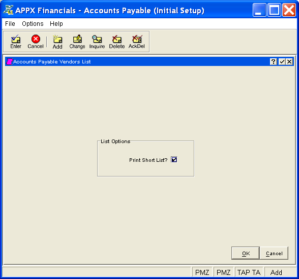 Vendors List Setup Screen