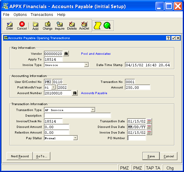 Opening Transactions Screen