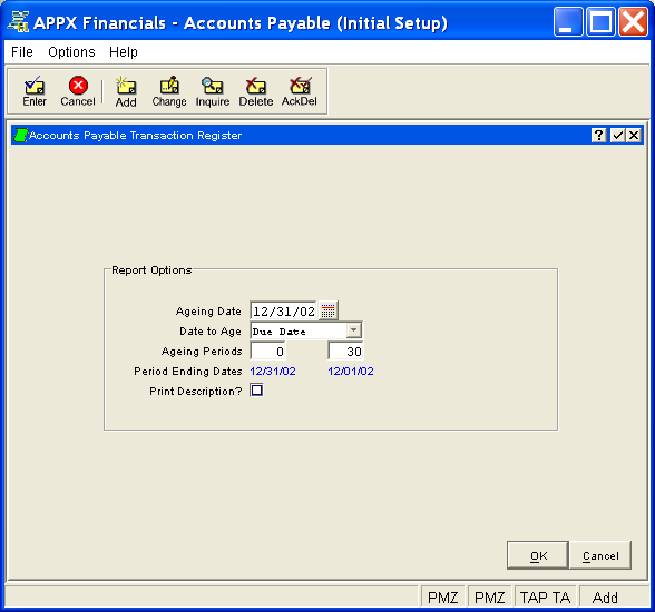 Transaction Register Report Setup Screen