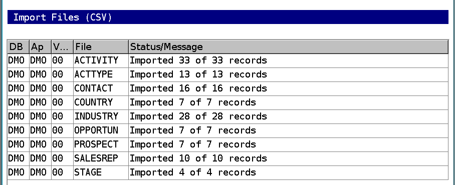 The nine-file DMO replacement import. Each file must complete successfully.
