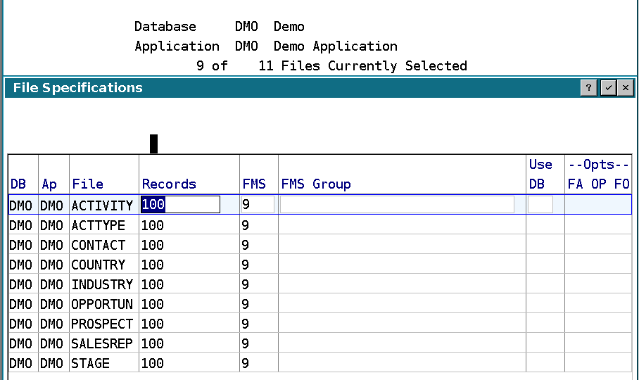 The nine eligible DMO files in File Specifications. PARAM and STREAM are outside this selection.