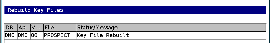 Rebuild key Files completed for the original encrypted PROSPECT datafile with its index missing.
