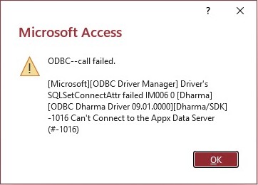 Access fails during a fresh import attempt with SQLSetConnectAttr IM006 and Dharma -1016.