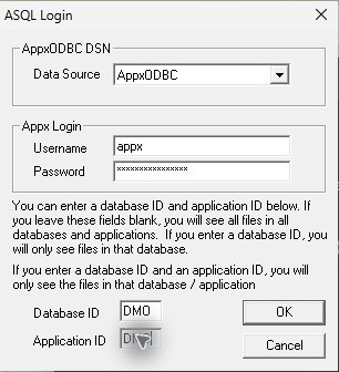 ASQL connects to the default AppxODBC source with DMO sample IDs.