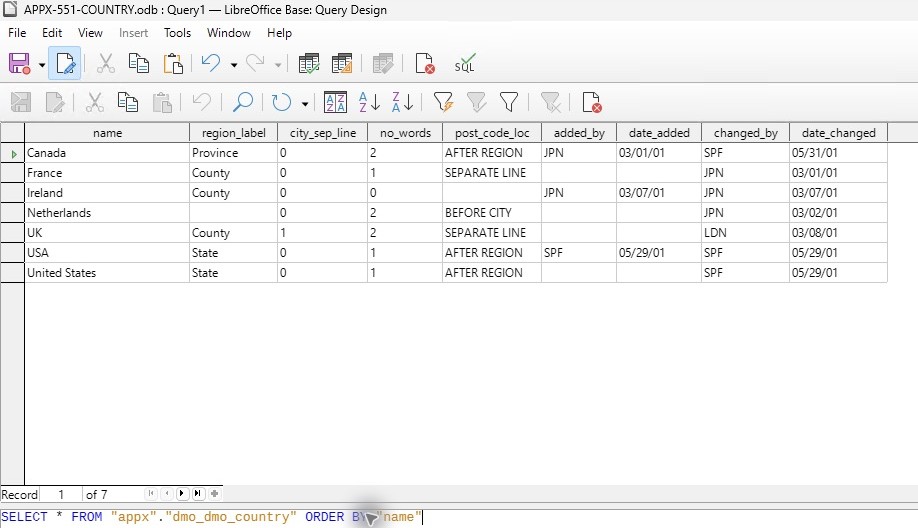 The qualified Base query returns all seven records and nine fields.