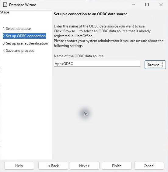 Base selects the existing AppxODBC data source.