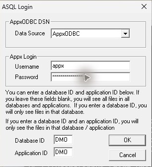 ASQL connects to the default AppxODBC source with DMO sample IDs.
