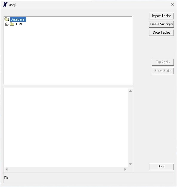 The matching ASQL program lists the DMO database.