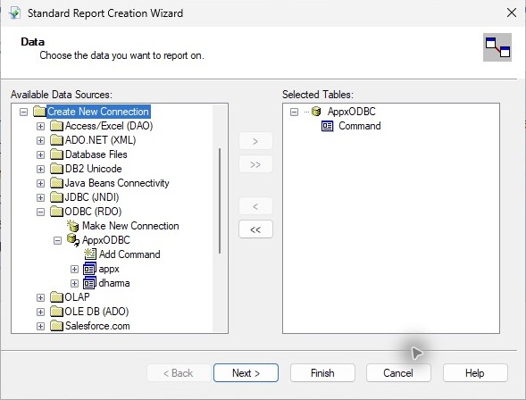 The new ODBC RDO connection selects a four-column SQL command.