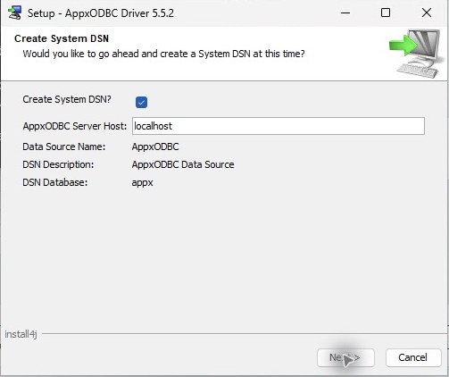 Keep the default AppxODBC data source and appx dictionary.