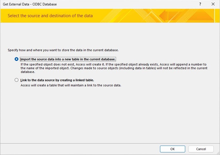 Access can import a local copy or create a link; this recipe uses a local copy.