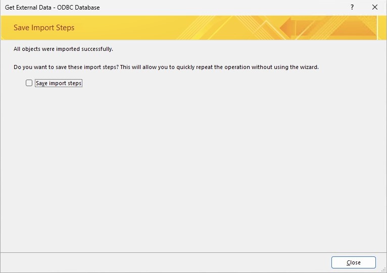The Access import finishes successfully.