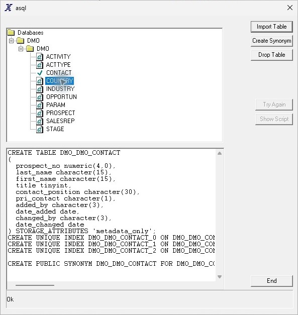 ASQL connects through AppxODBC to the DMO sample.