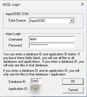 ASQL uses the default AppxODBC DSN and the DMO sample IDs.