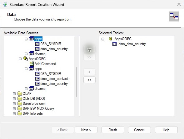 Crystal connects to COUNTRY through the same ODBC data source.