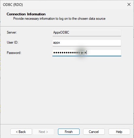 Crystal connects using AppxODBC with a masked APPX password.