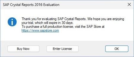 Crystal Reports confirms the 30-day evaluation.