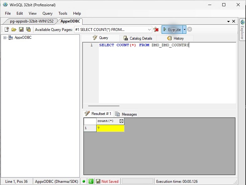 WinSQL32 returns the seven-record COUNTRY count.