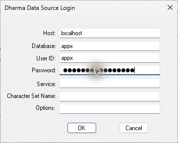 Access uses the default appx dictionary and a masked APPX password.