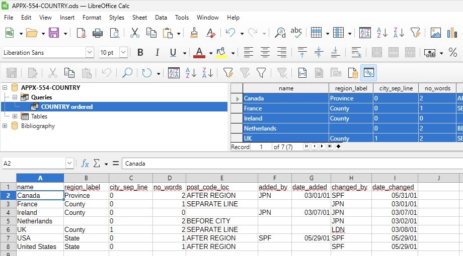 Calc imports the saved Base query into a refreshable range.