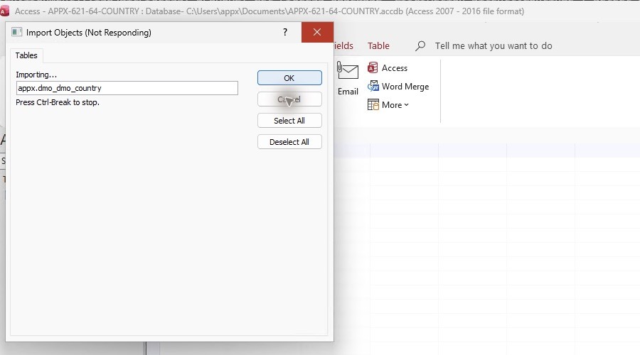 The fresh native Access import remains at Importing and displays Not Responding.