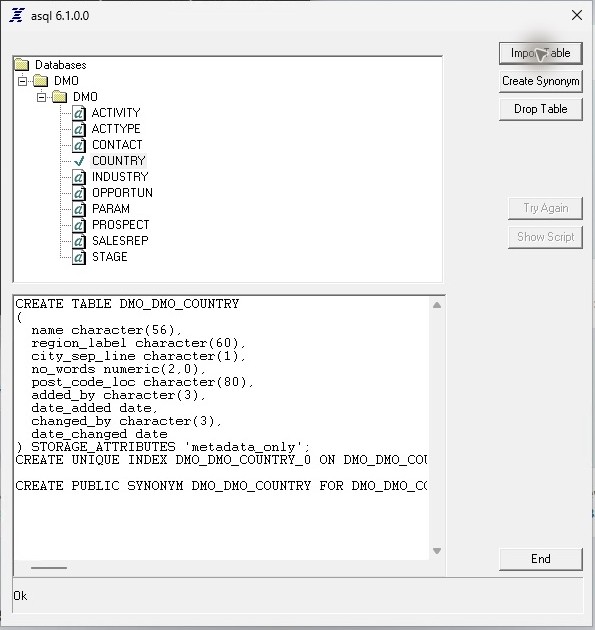 The matching 64-bit ASQL marks COUNTRY imported and displays its generated SQL.