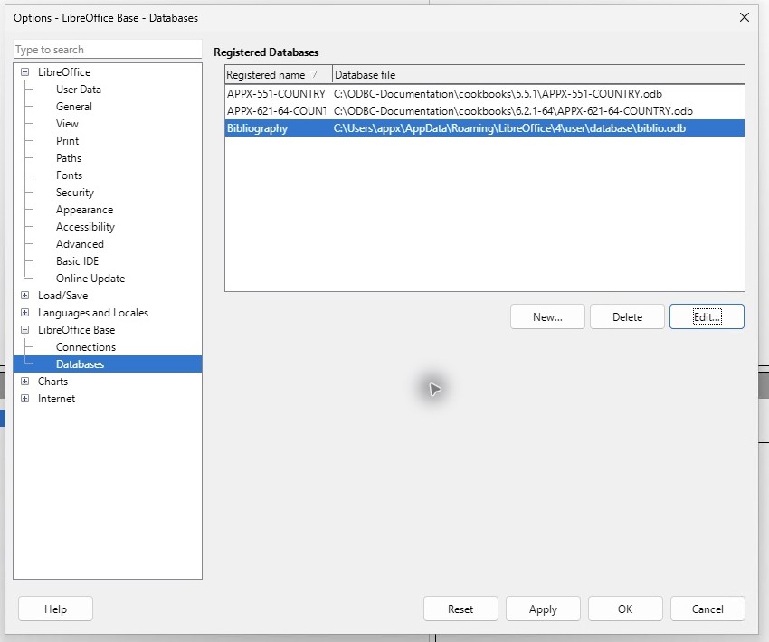 LibreOffice registration points APPX-621-64-COUNTRY at the actual saved ODB.