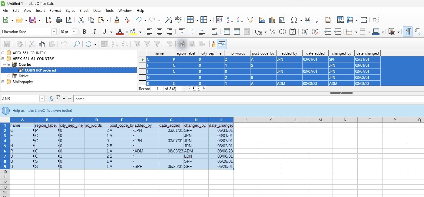 The native Calc Data Sources browser displays the registered COUNTRY query and the Data to Text import.