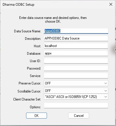 The actual AppxODBC configuration uses Host localhost, Database appx and blank Service, with no saved user name or password.