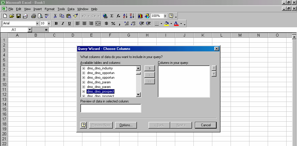 Select Table Pop-Up Window in MSQuery