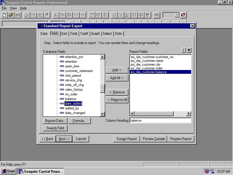 Selecting APPX® Fields For Use In Crystal Reports