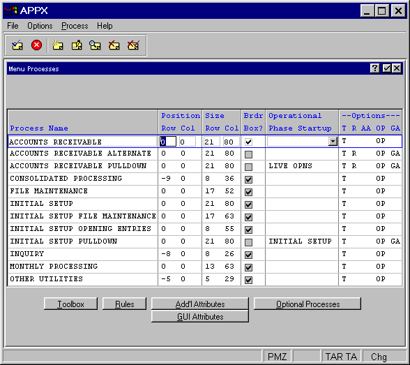 Menu Processes Screen