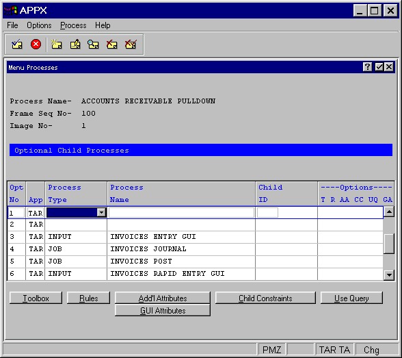 Menu Processes Optional Child Processes Screen