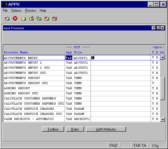 Input Processes Screen