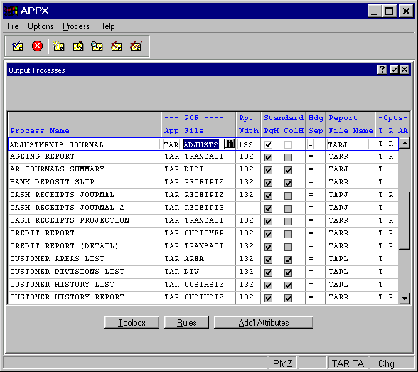 Output Processes Screen