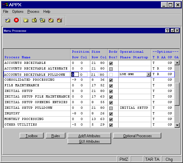 Menu Processes Screen and GUI Attributes Option