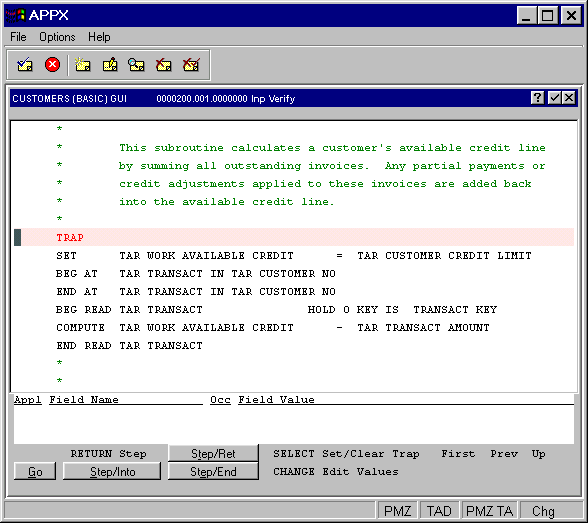 An Initial Debugger Screen at TRAP Statement
