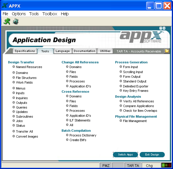 Application Design Tools Menu