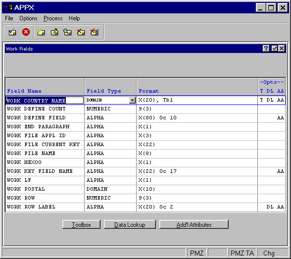 Work Fields Screen