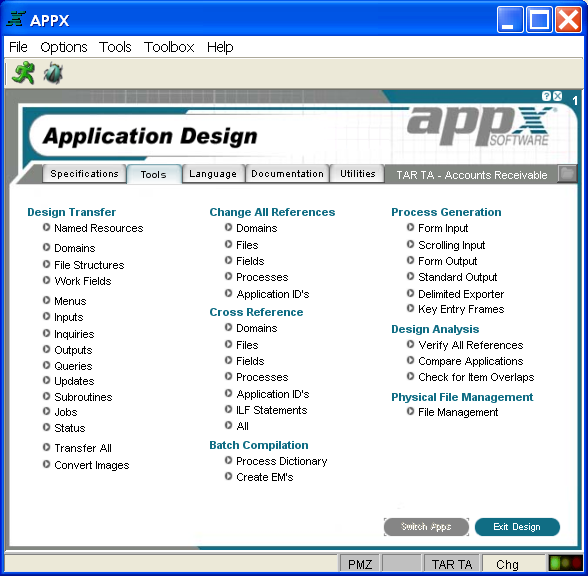 Application Design Tools Menu