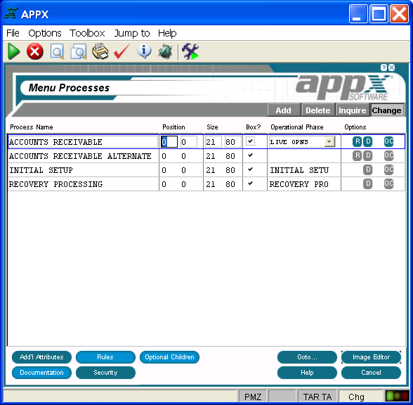 Menu Processes Screen