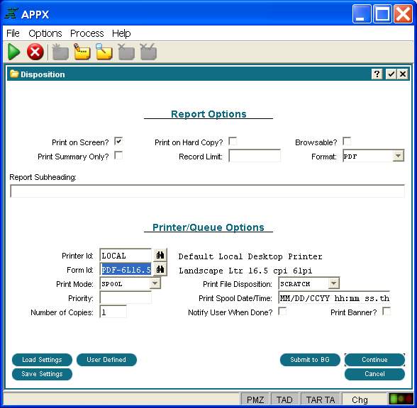 Print Disposition Screen for PDF Output