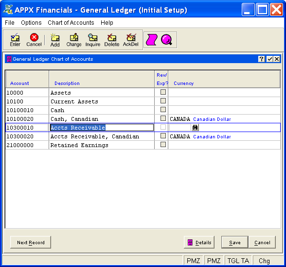 Chart of Accounts Screen