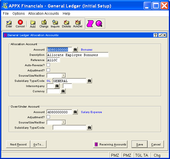 Allocation Accounts Screen
