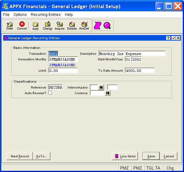 Recurring Entries Screen