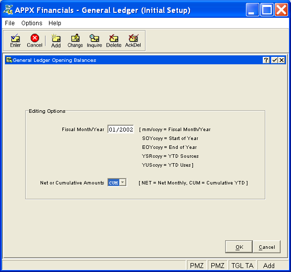 Enter Opening Balances Setup Screen