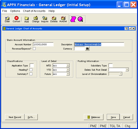 Chart of Accounts Screen