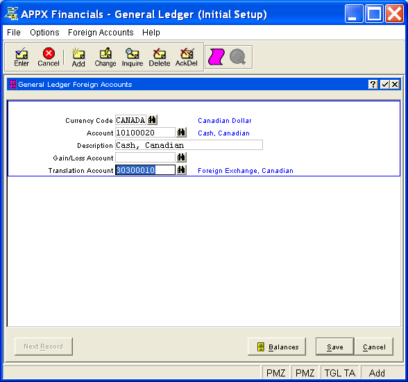 Foreign Accounts Screen